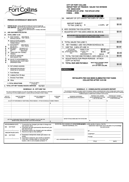 Fillable Sales Tax Return Form - City Of Fort Collins Printable pdf