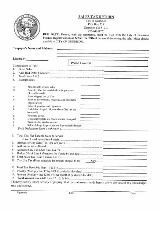 Sales Tax Return - City Of Gunnison Printable pdf