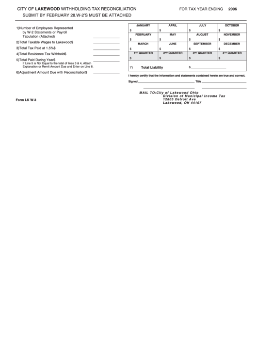 Form Lk W-3 - City Of Lakewood Withholding Tax Reconciliation - 2006 Printable pdf