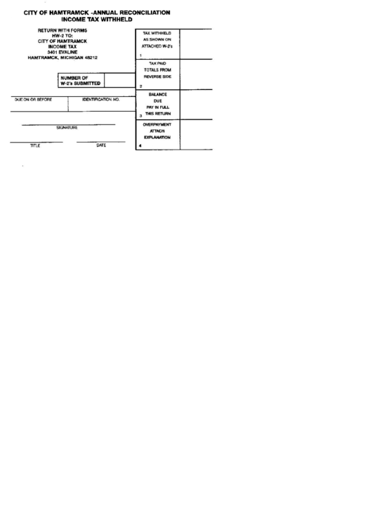 Annual Reconciliation Income Tax Withheld - City Of Hamtramck Printable pdf