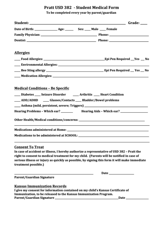 Pratt Usd 382 - Student Medical Form Printable pdf