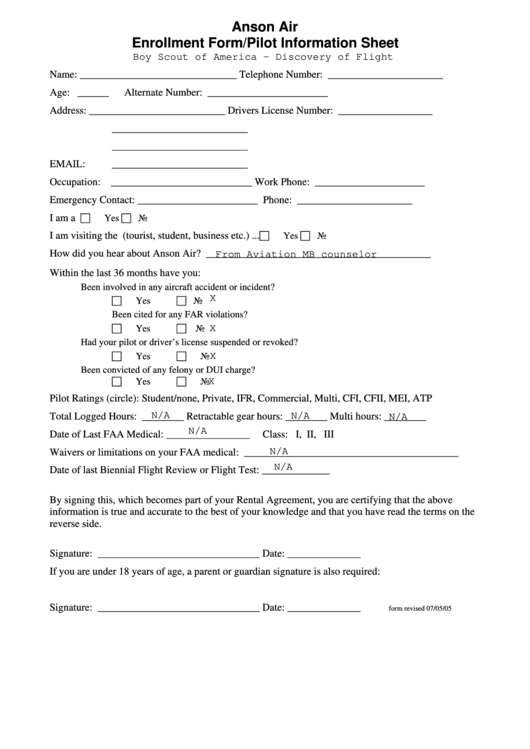 Anson Air - Enrollment Form/pilot Information Sheet Printable pdf