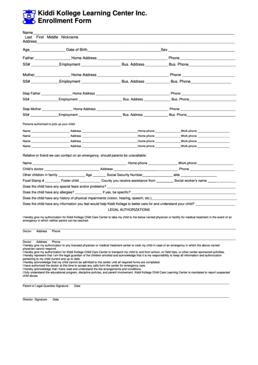 Kiddi Kollege Learning Center Inc. Enrollment Form Printable pdf