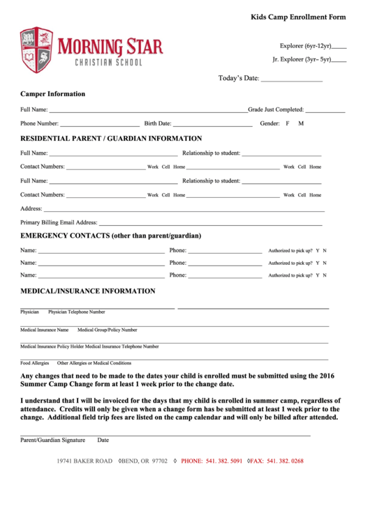 Kids Camp Enrollment Form Printable pdf