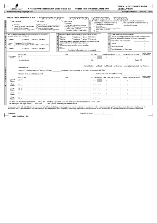 Form Gg-013374/d/v - Enrollment/change Form - Dental/vision - 2001 Printable pdf