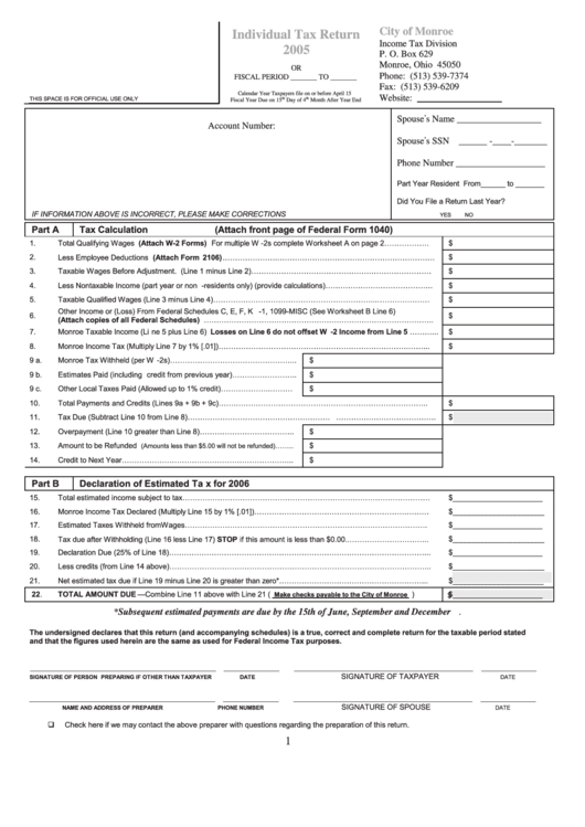 Individual Tax Return Form - City Of Monroe - 2005 Printable pdf