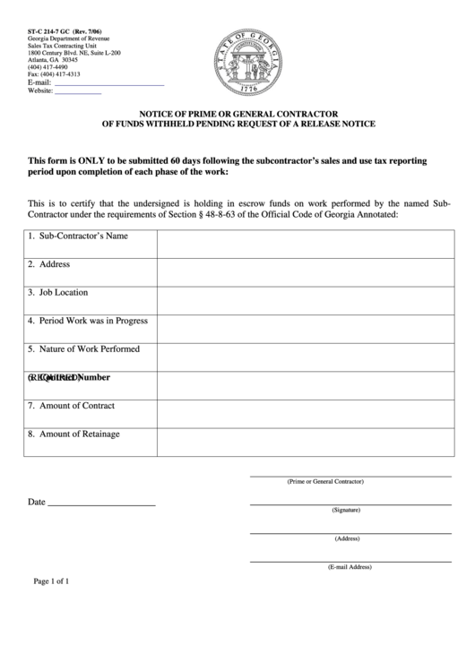 Form St-C 214-7 Gc - Notice Of Prime Or General Contractor Of Funds Withheld Pending Request Of A Release Notice Printable pdf