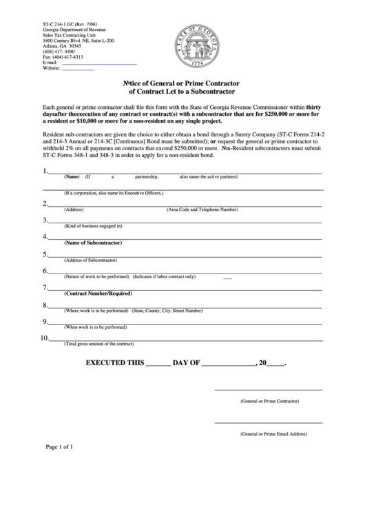 Fillable Form St-C 214-1 Gc - Notice Of General Or Prime Contractor Of Contract Let To A Subcontractor Printable pdf