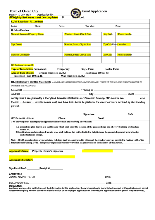 Fillable Sign Permit Application Form - Town Of Ocean City Printable pdf