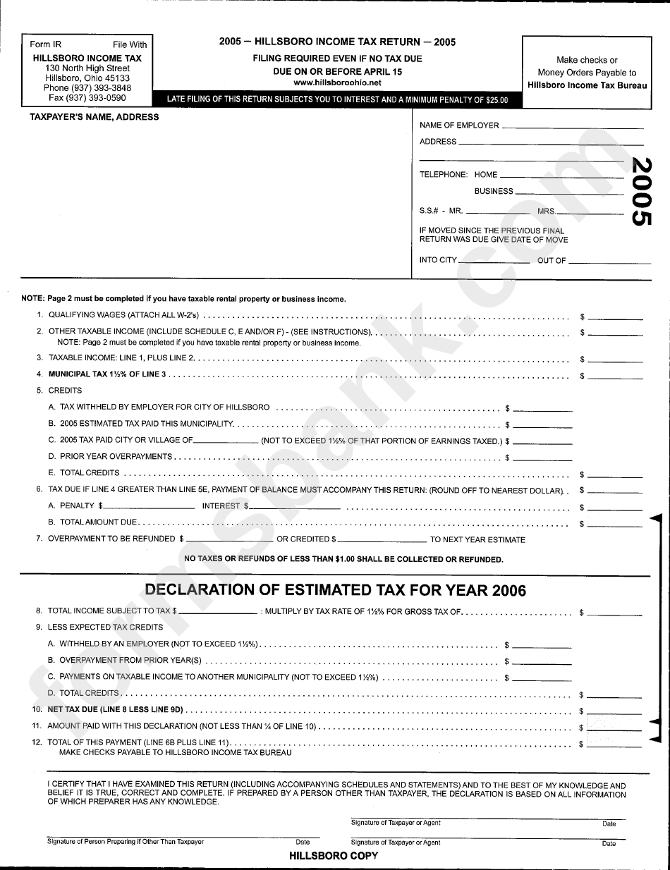 Form Ir - Hillsboro Income Tax Return - 2005