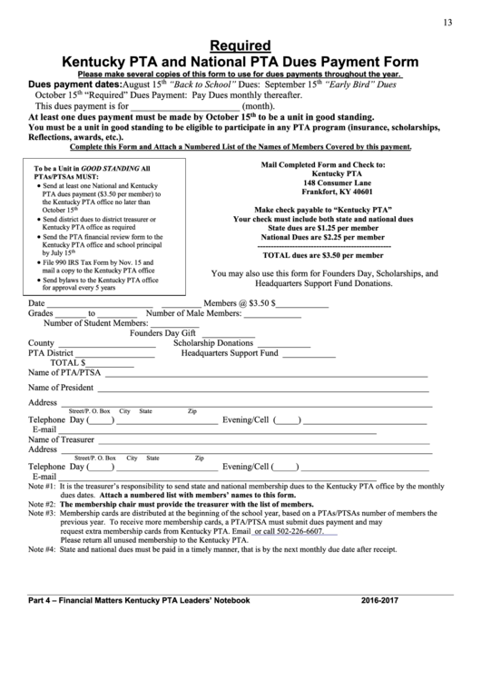 Kentucky Pta And National Pta Dues Payment Form - 2016-2017 Printable pdf