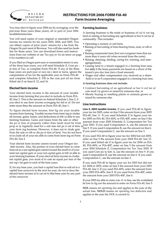 Instructions For 2006 Form Fia-40 - Farm Income Averaging Printable pdf