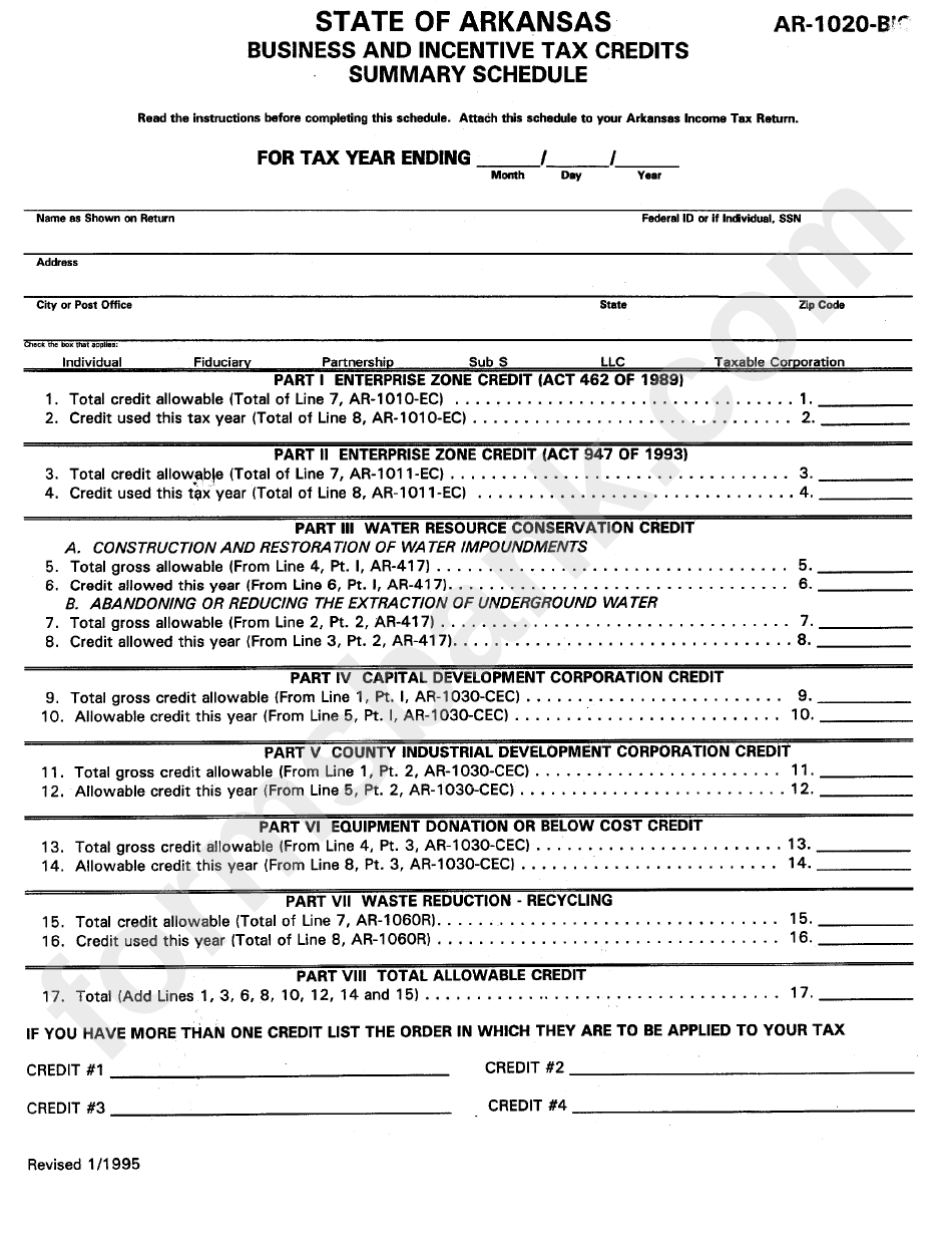 Form Ar-1020-Bic - Business And Incentive Tax Credits Summary Schedule