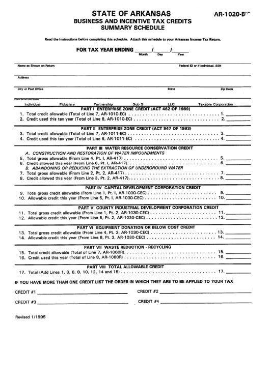Form Ar-1020-Bic - Business And Incentive Tax Credits Summary Schedule Printable pdf