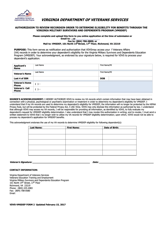 Vdvs-Vmsdep Form 2 - Authorizaion To Review Records In Order To Determine Eligibility For Benefits Through The Virginia Military Survivors And Dependents Program (Vmsdep) - 2017 Printable pdf