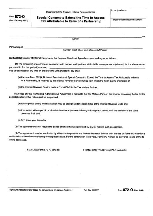 Form 872-O - Special Consent To Extend The Time To Assess Tax Attributable To Items Of A Partnership - Internal Revenue Service Printable pdf