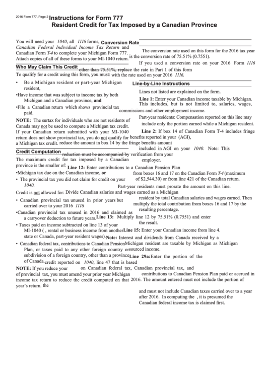 Instructions For Form 777 - Resident Credit For Tax Imposed By A Canadian Province - Michigan Department Of Treasury Printable pdf