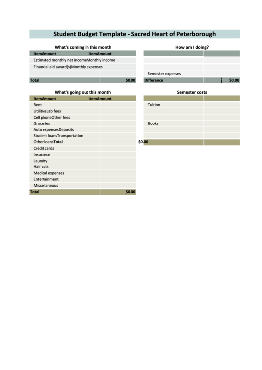 Student Budget Template Printable pdf
