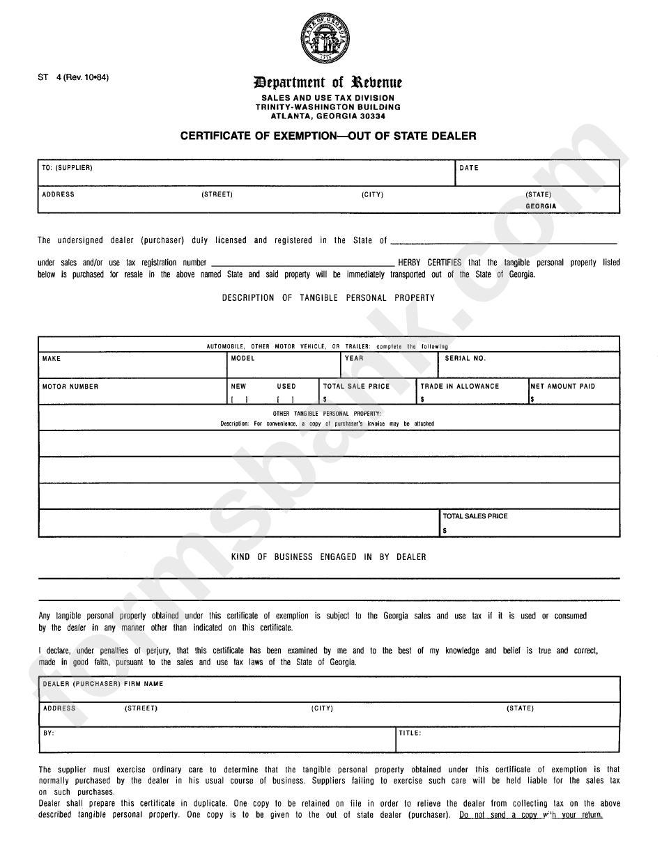 Form St-4 - Certificate Of Exemption Out Of State Dealer - Georgia Department Of Revenue