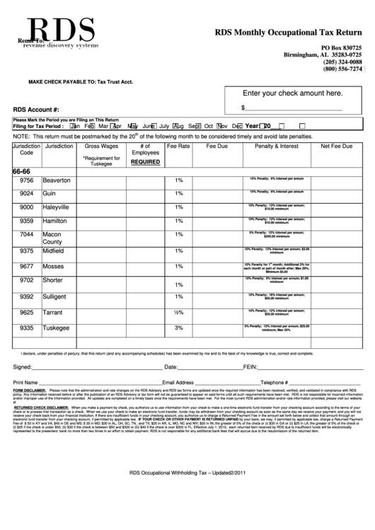 Rds Monthly Occupational Tax Return Form Printable pdf