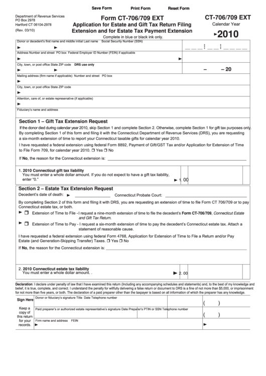 Fillable Form Ct-706/709 Ext - Application For Estate And Gift Tax Return Filing Extension And For Estate Tax Payment Extension - 2010 Printable pdf