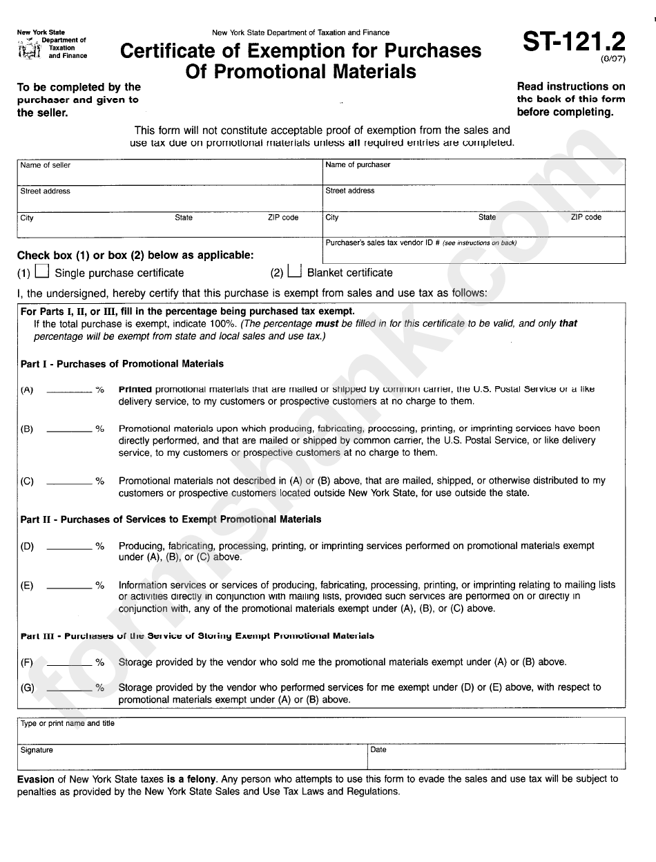 Form St-121.2 - Certificate Of Exemption For Purchases Of Promotional Materials