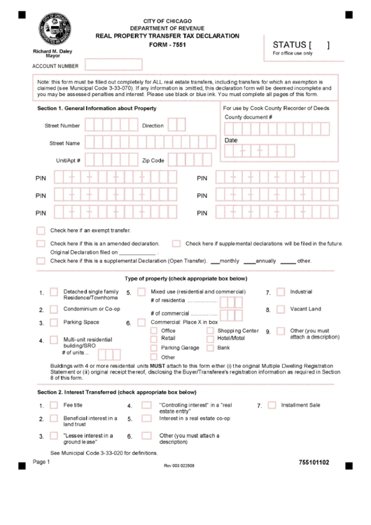 Fillable Form 7551 - Real Property Transfer Tax Declaration Printable pdf