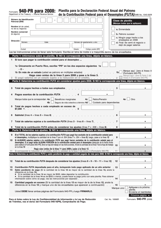 Fillable Formulario 940-Pr/v(Pr) - Planilla Para La Declaracion Federal Anual Del Patrono De La Contribucion Federal Para El Desempleo (Futa) - 2008 Printable pdf