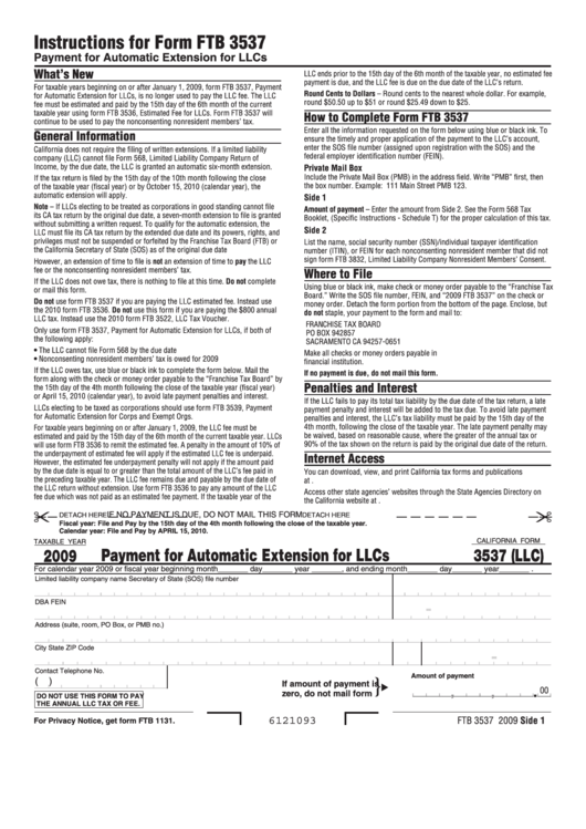 Fillable California Form 3537 (Llc) - Payment For Automatic Extension For Llcs - 2009 Printable pdf