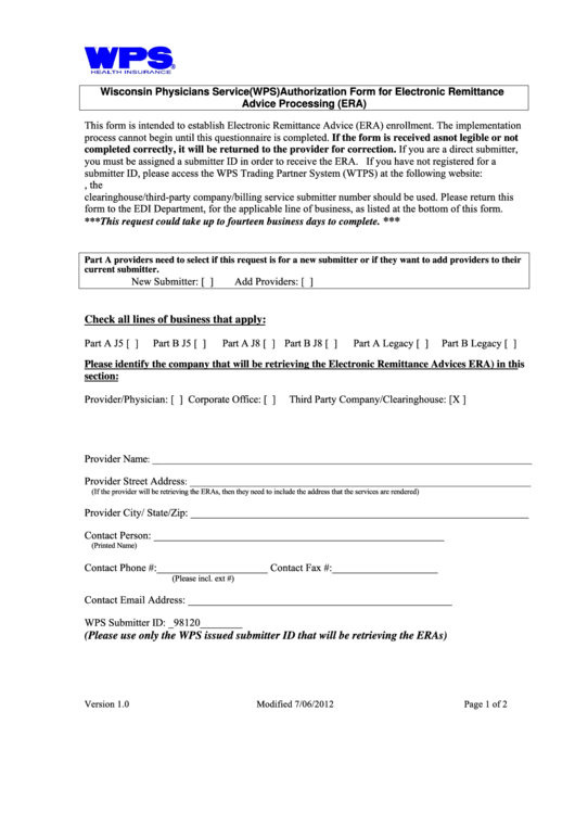 Wisconsin Physicians Service (Wps) Authorization Form For Electronic Remittance Advice Processing (Era) Printable pdf
