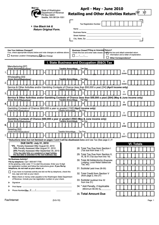 Retailing And Other Activities Return Form - Washington Department Of Revenue - 2010 Printable pdf