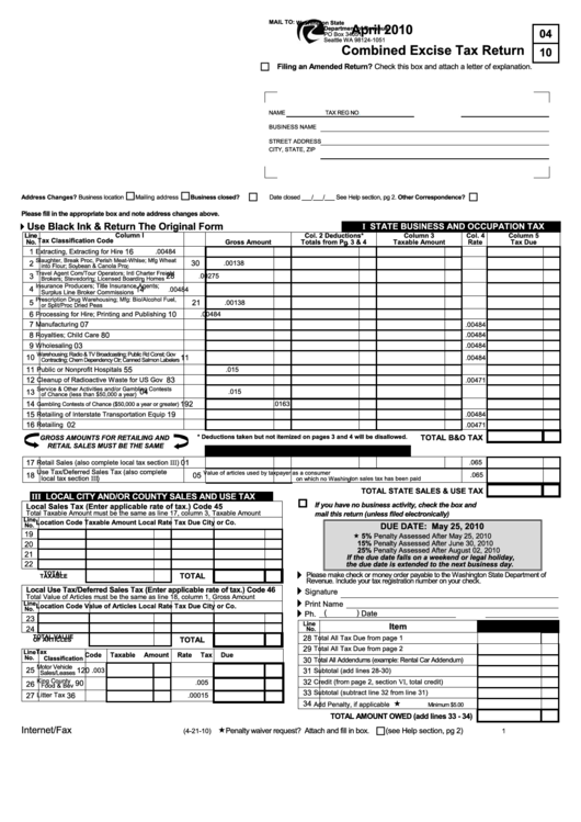 Combined Excise Tax Return Form - Washington State Department Of Revenue - 2010 Printable pdf