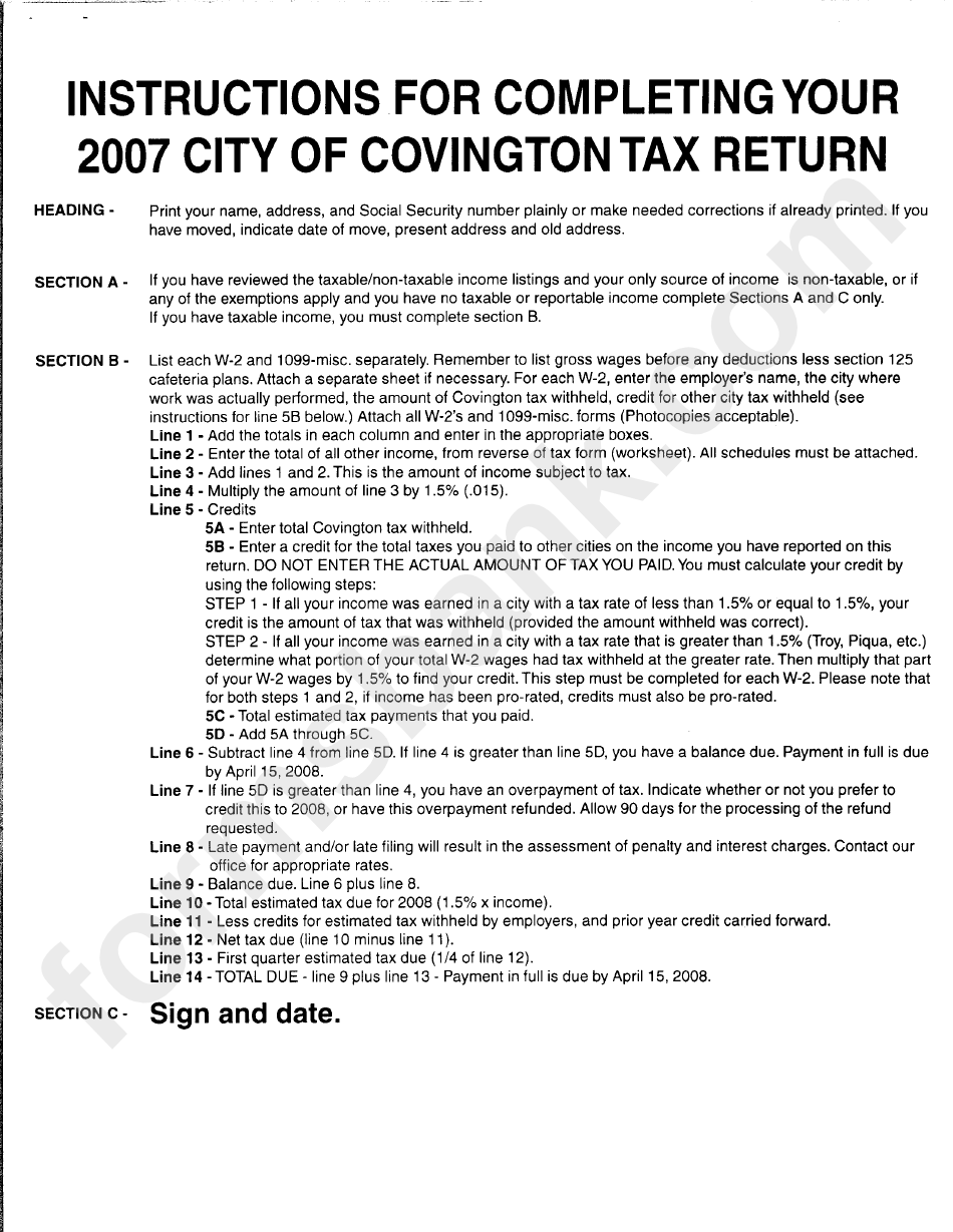 Instructions For Completing Your 2007 City Of Covington Tax Return