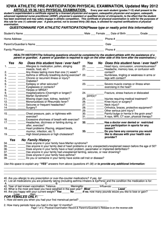 Questionnaire For Athletic Participation - Iowa Athletic Pre-Participation Physical Examination - 2012 Printable pdf