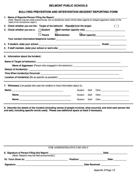 Bullying Prevention And Intervention Incident Reporting Form Printable pdf