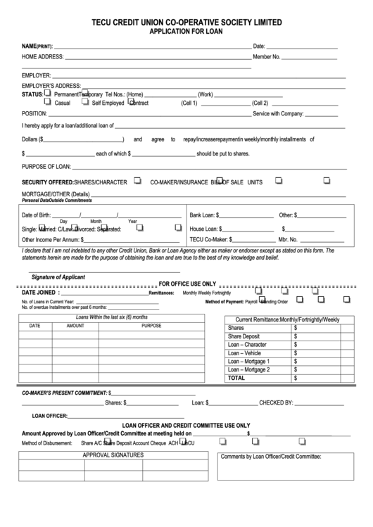Application For Loan - Tecu Credit Union Co-Operative Society Limited Printable pdf