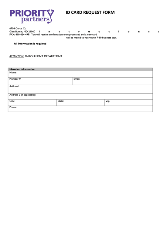 Id Card Request Form Printable pdf