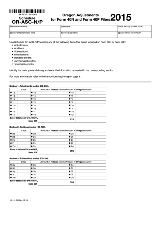 Fillable Form 150-101-064 - Schedule Or-Asc-N/p - Oregon Adjustments For Form 40n And Form 40p Filers - 2015 Printable pdf