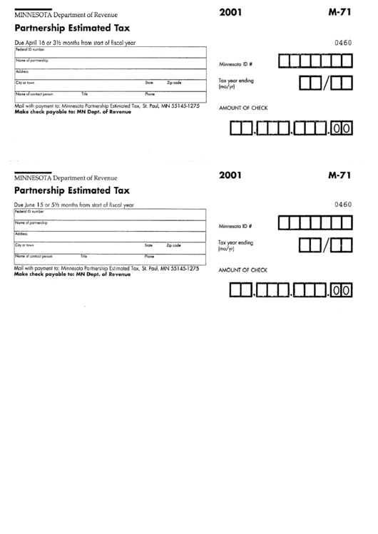 Form M-71 - Partnership Estimated Tax - Minnesota Department Of Revenue - 2001 Printable pdf
