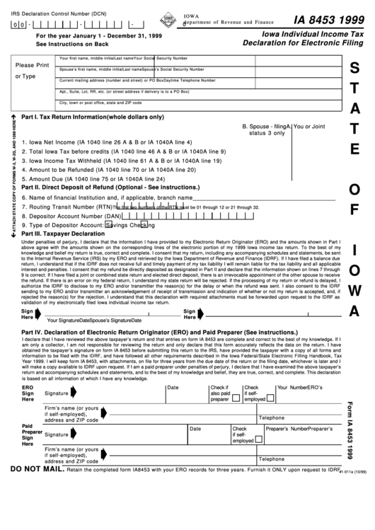 Form Ia 8453 - Iowa Individual Income Tax Declaration For Electronic Filing - 1999 Printable pdf