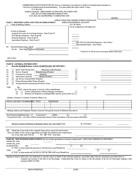 Form Ui-1 - Application For Unemployment Insurance Employer Reserve Account Printable pdf