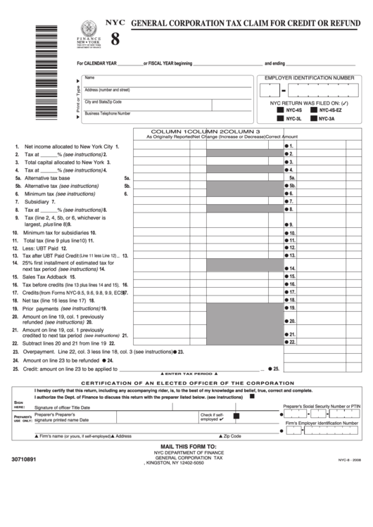 Form Nyc 8 - General Corporation Tax Claim For Credit Or Refund Printable pdf