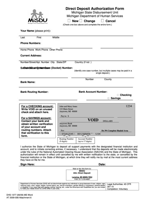 Form Dhs-1377 - Direct Deposit Authorization Form Printable pdf