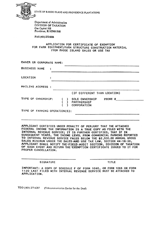 Fillable Form Tdd (401) - Application For Certificate Of Exemption For Farm Equipment/farm Structure Construction Material From Rhode Island Sales Or Use Tax Printable pdf