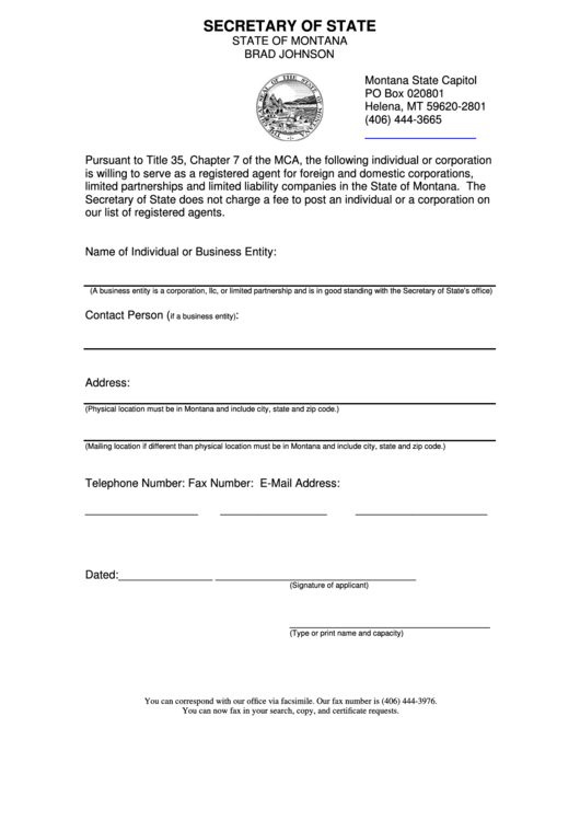 Registered Agent For Foreign And Domestic Corporations - Secretary Of State Montana Printable pdf