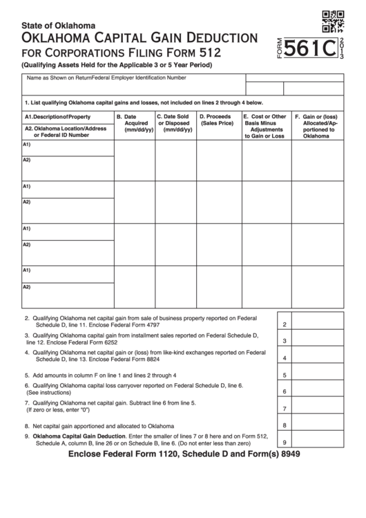 Fillable Form 561c - Oklahoma Capital Gain Deduction - 2013 Printable pdf