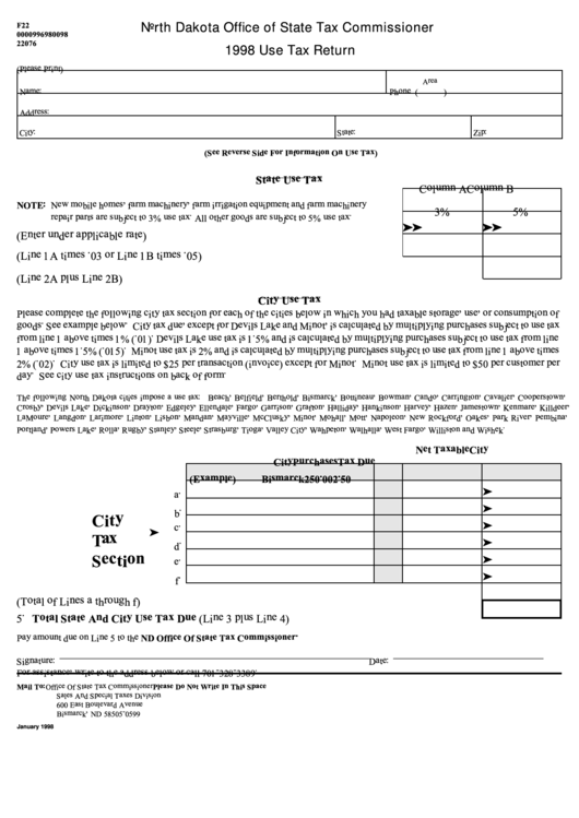 Fillable Form F22 - 1998 Use Tax Return Printable pdf