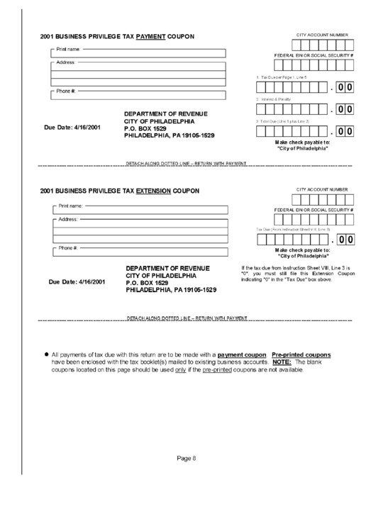 Business Privilege Tax Payment Coupon - City Of Philadelphia Department Of Revenue - 2001 Printable pdf