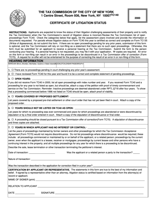 Form Tc140 - Certificate Of Litigation Status - 2000 Printable pdf