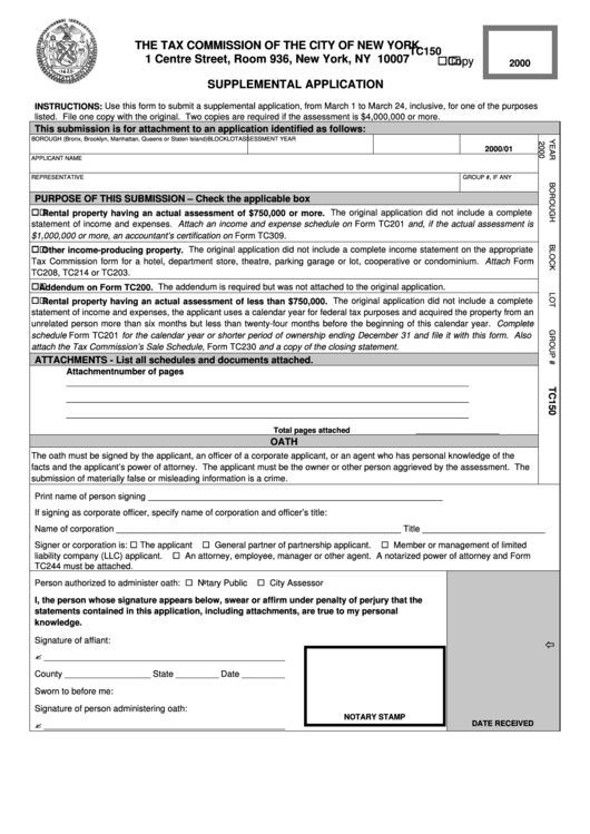 Form Tc150 - Supplemental Application - 2000 Printable pdf